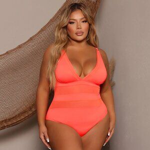 Fashion Nova Tropical Queen Vibrant Orange One Piece Swimsuit Mesh Panel NWOT 1X